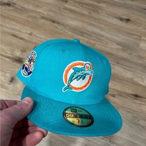 New Era Teal 7 3/4 Miami Dolphins Fitted Hat with Orange & White Logo